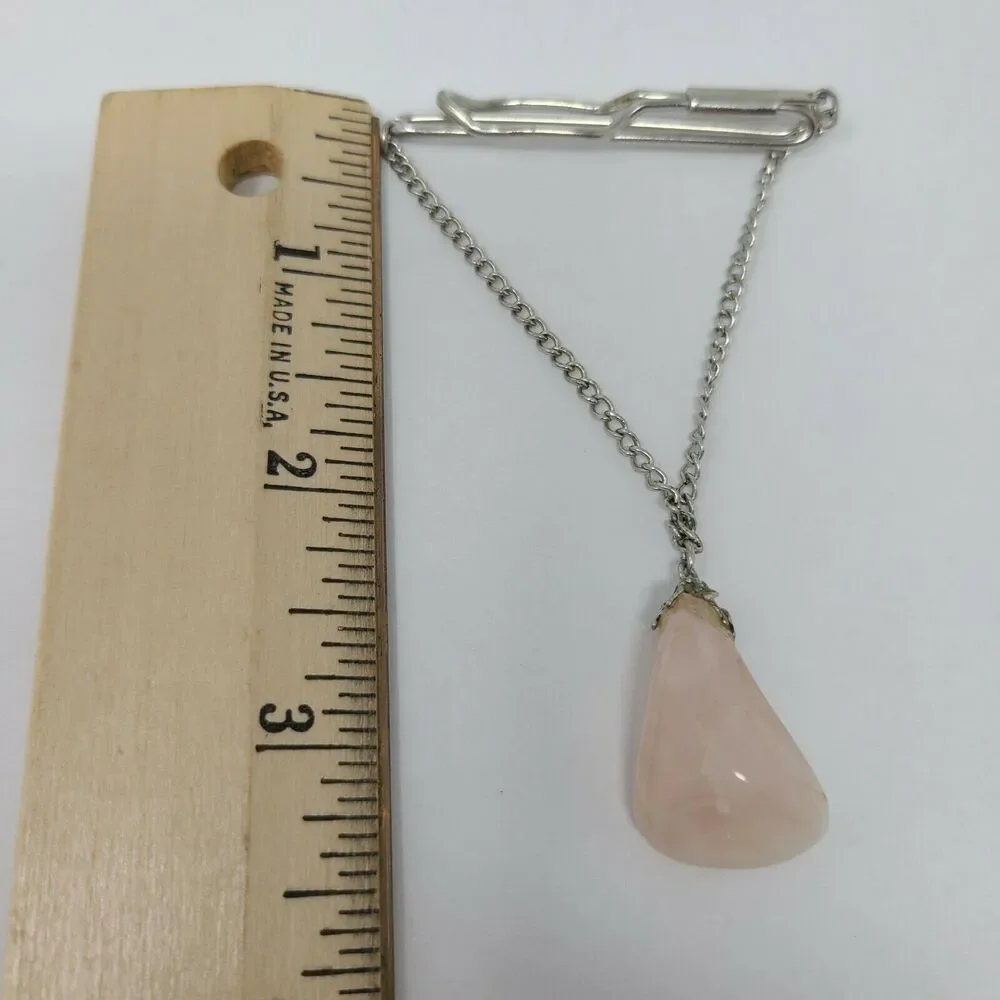 Mens Vintage Natural Pink Quartz Stone Cufflinks and Tie Bar Clip Set Jewelry